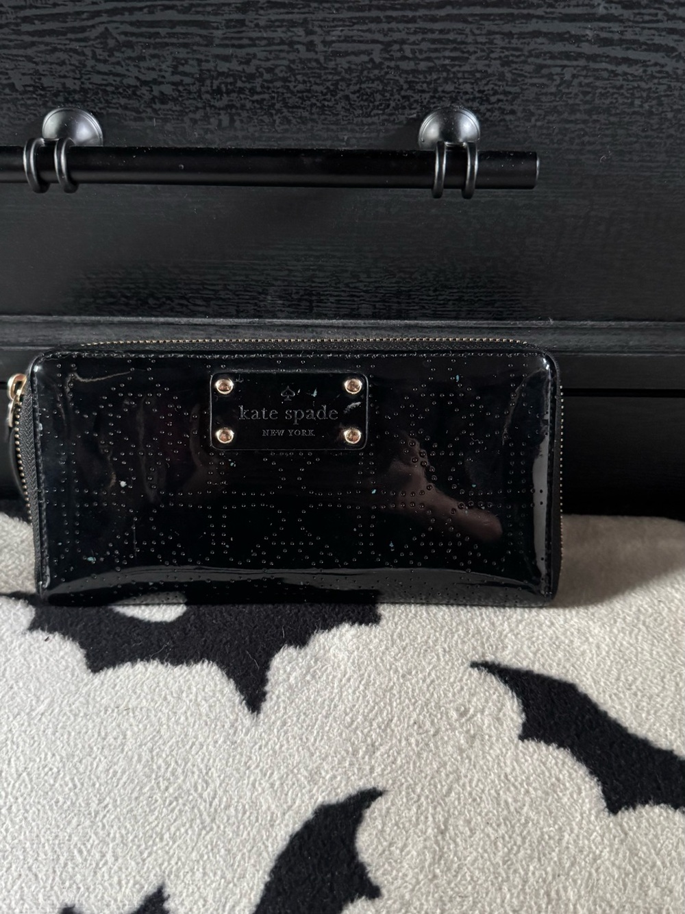 kate spade Black Patent Zip Wallet with Logo Plaque